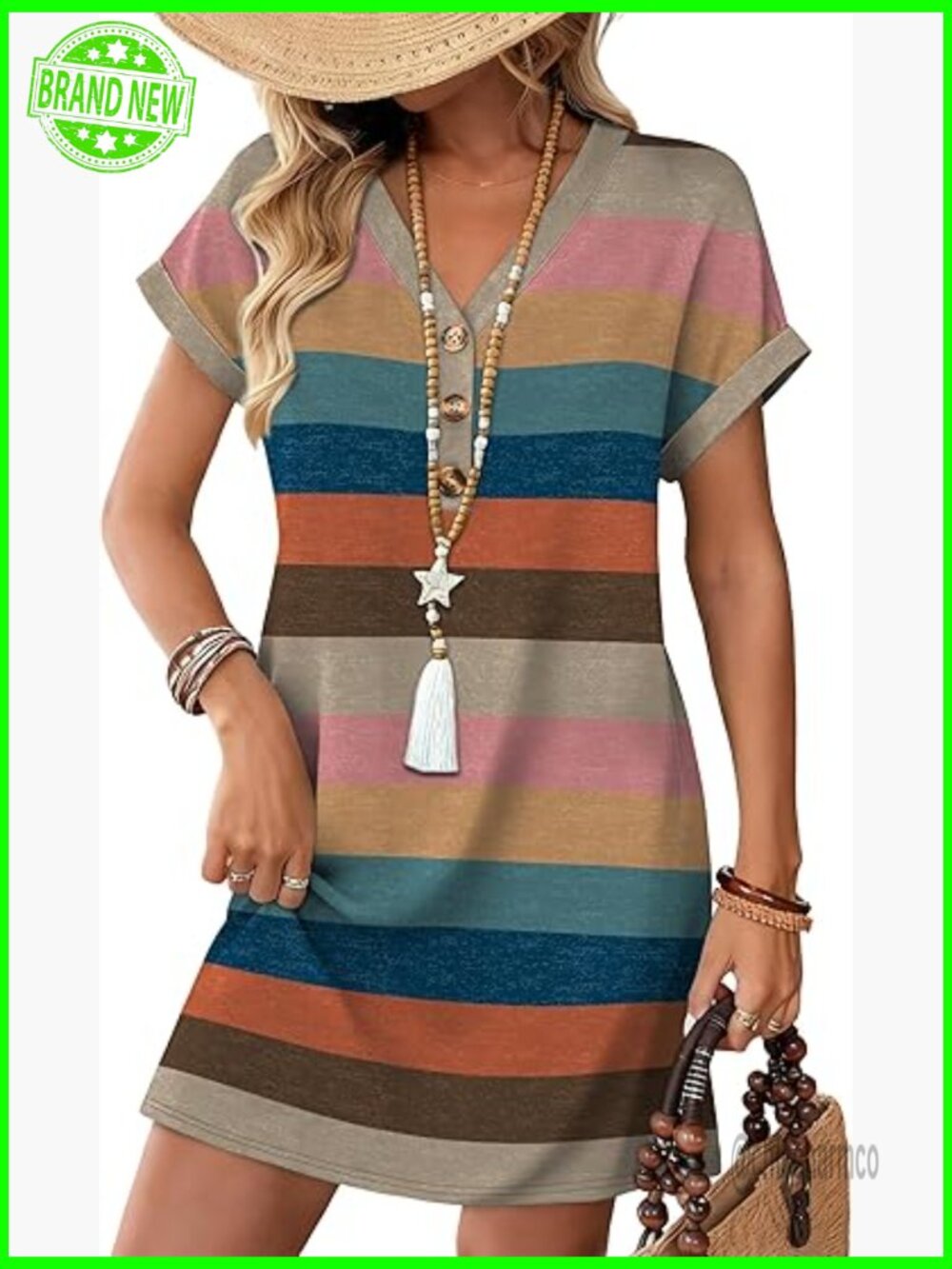Summer Midi Dress with Pockets Flowy V-Neck Cap Sleeve